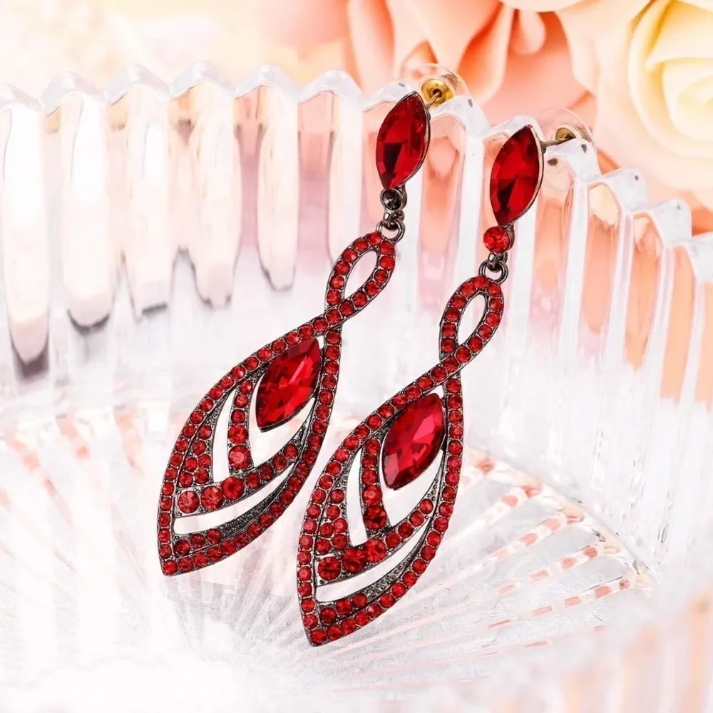 Gun Metal Black with Ruby Red Austrian Crystal Twisted Chandelier Post Earrings